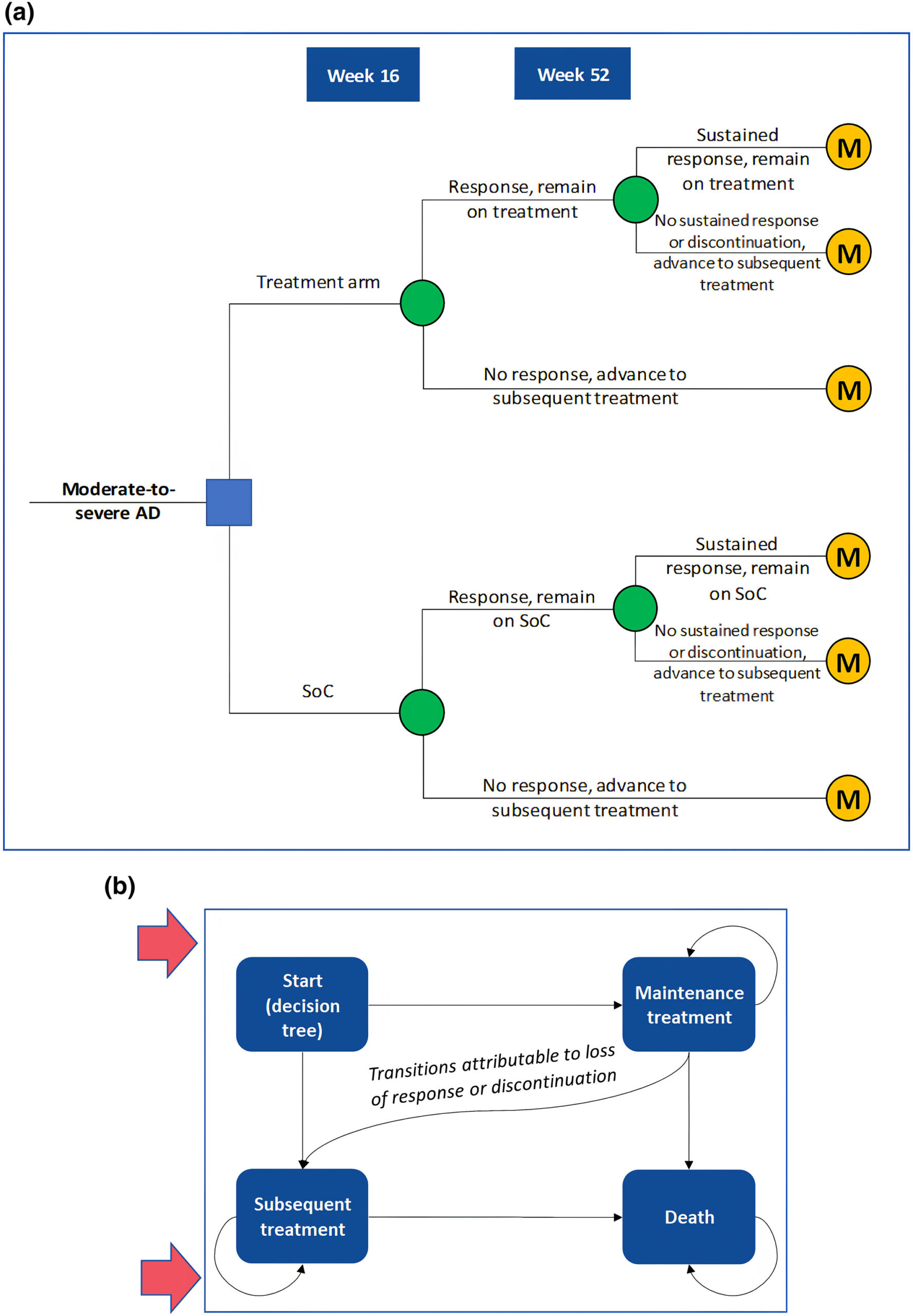 Figure 1: Model Structure, a) the analysis includes a decision tree for the initial treatment phase up to 52 weeks and b) a Markov model for the maintenance phase after 52 weeks, focusing on patients with atopic dermatitis (AD) and standard of care (SoC).